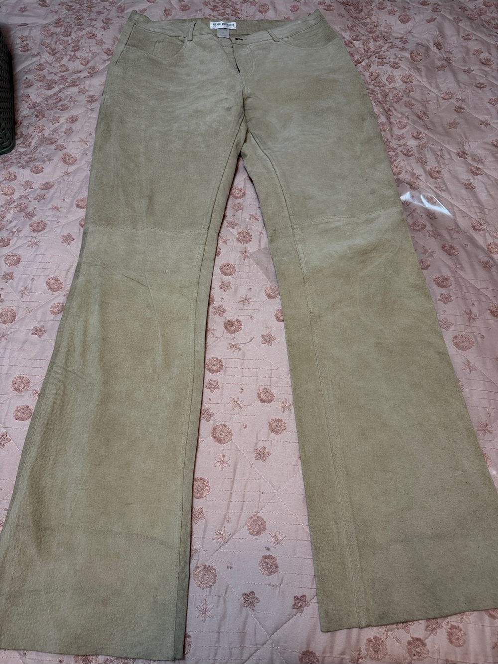 VTG Hugo Buscati 100% Suede Leather Flare Pants Beige - Size 12 Tall